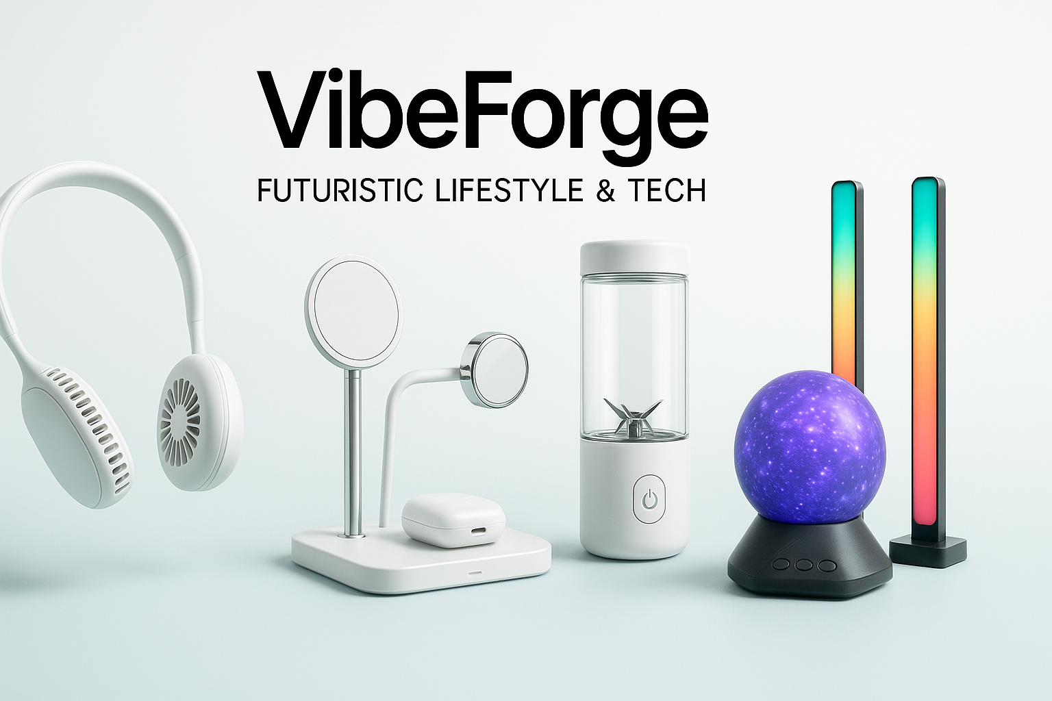 “A premium e-commerce hero banner for a futuristic lifestyle and tech store called VibeForge. Modern setup with a clean white and mint gradient background. Floating display of viral gadgets — portable neck fan, 3-in-1 MagSafe charger, mini blender, LED ambient bars, star projector. High-quality studio lighting, minimal shadows, aesthetic Apple-style arrangement, wide composition 16:9 for website header.”